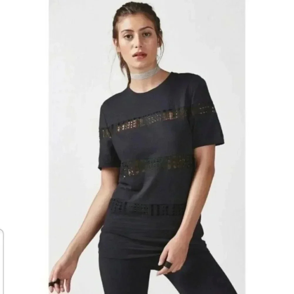 Fabletics Black Zarina Crochet Inset Stripes Crew Neck T-Shirt L